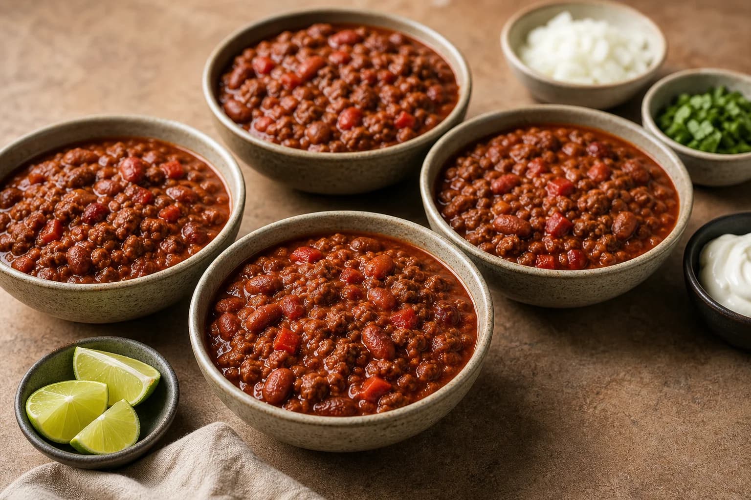 Beef and bean chili with browned crumbles, red beans, thick chile-tomato sauce, and table toppings.