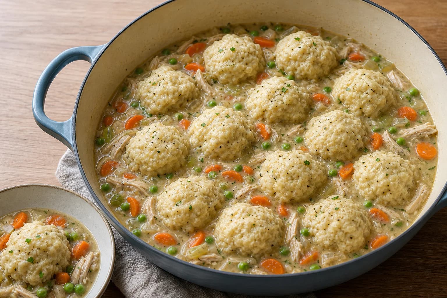 Chicken and fluffy drop dumplings with tender shredded chicken, vegetables, thick gravy, and twelve steamed dumplings.