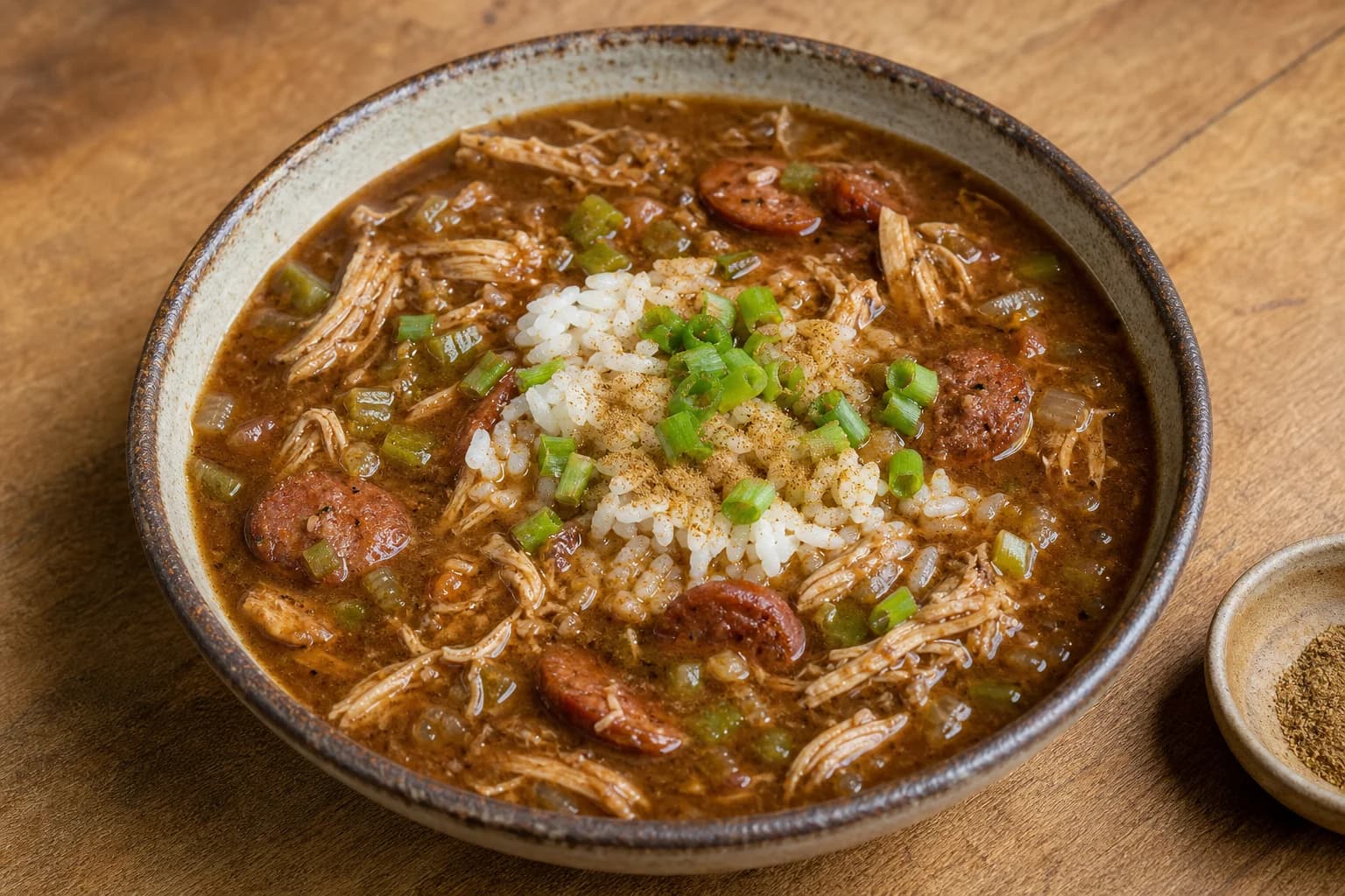 Louisiana chicken and sausage gumbo with a dark roux, white rice, scallions, and filé powder.