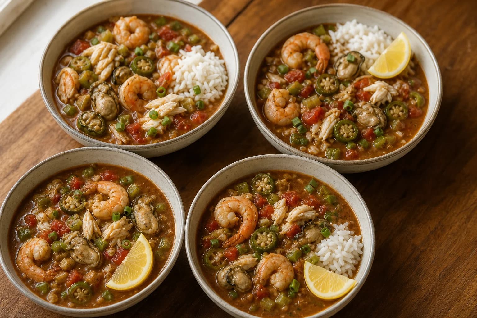 Louisiana seafood gumbo with shrimp, crab, oysters, okra, copper roux, rice, scallions, and lemon.