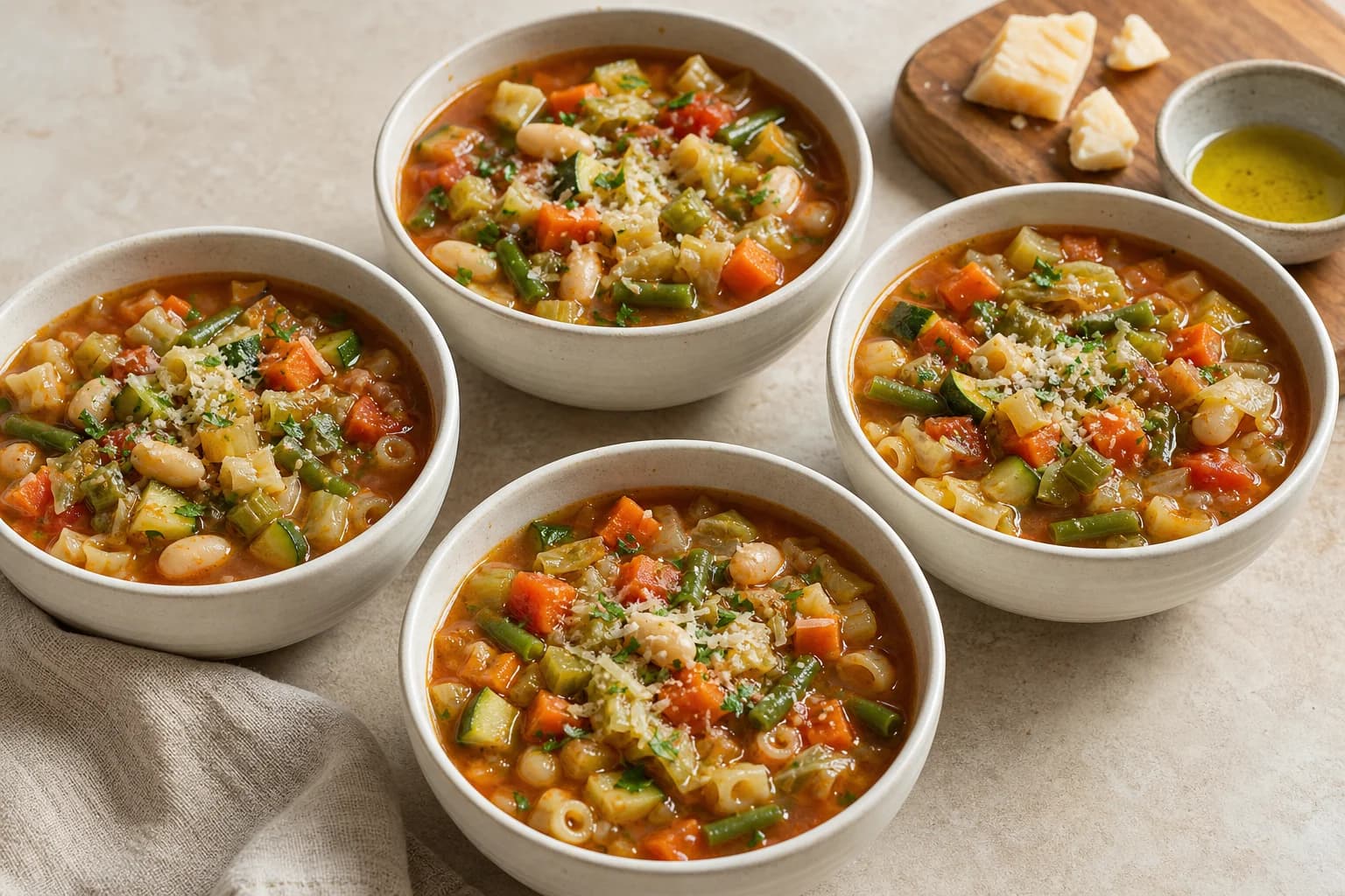 Italian minestrone with tomato broth, beans, pasta, zucchini, green beans, cabbage, herbs, and Parmesan.