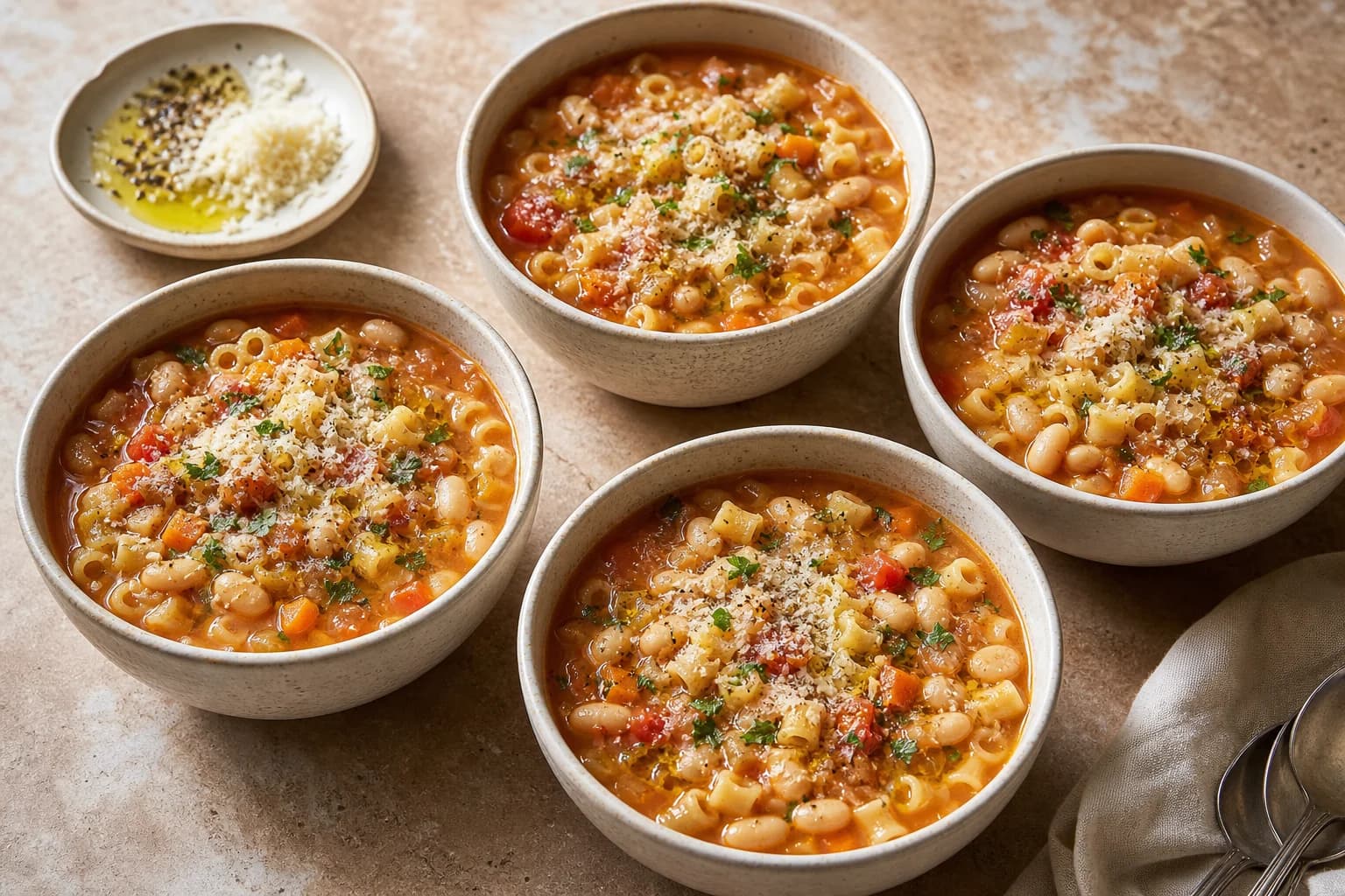 Italian pasta e fagioli with beans, small pasta, tomato, rosemary, parsley, Parmesan, and olive oil.