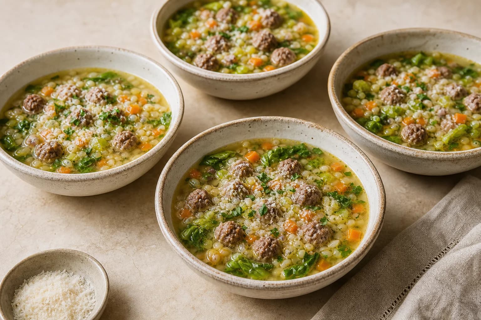 Italian American wedding soup with mini meatballs, clear broth, small pasta, escarole, vegetables, lemon, and Parmesan.